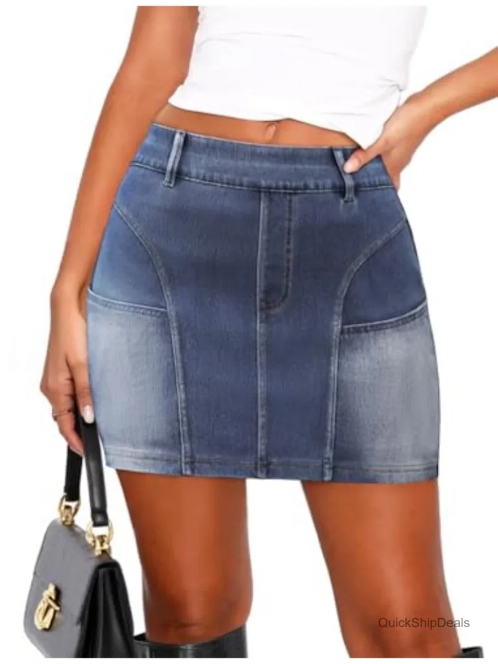 Women's Low Rise Bodycon Mini Washed Denim Skirt Stretch Y2K with Pockets